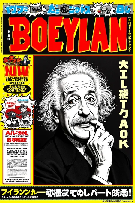 Manga style Poster with bold large fonts and graphics, A good quality photo of Albert Einstein from the 1920s.