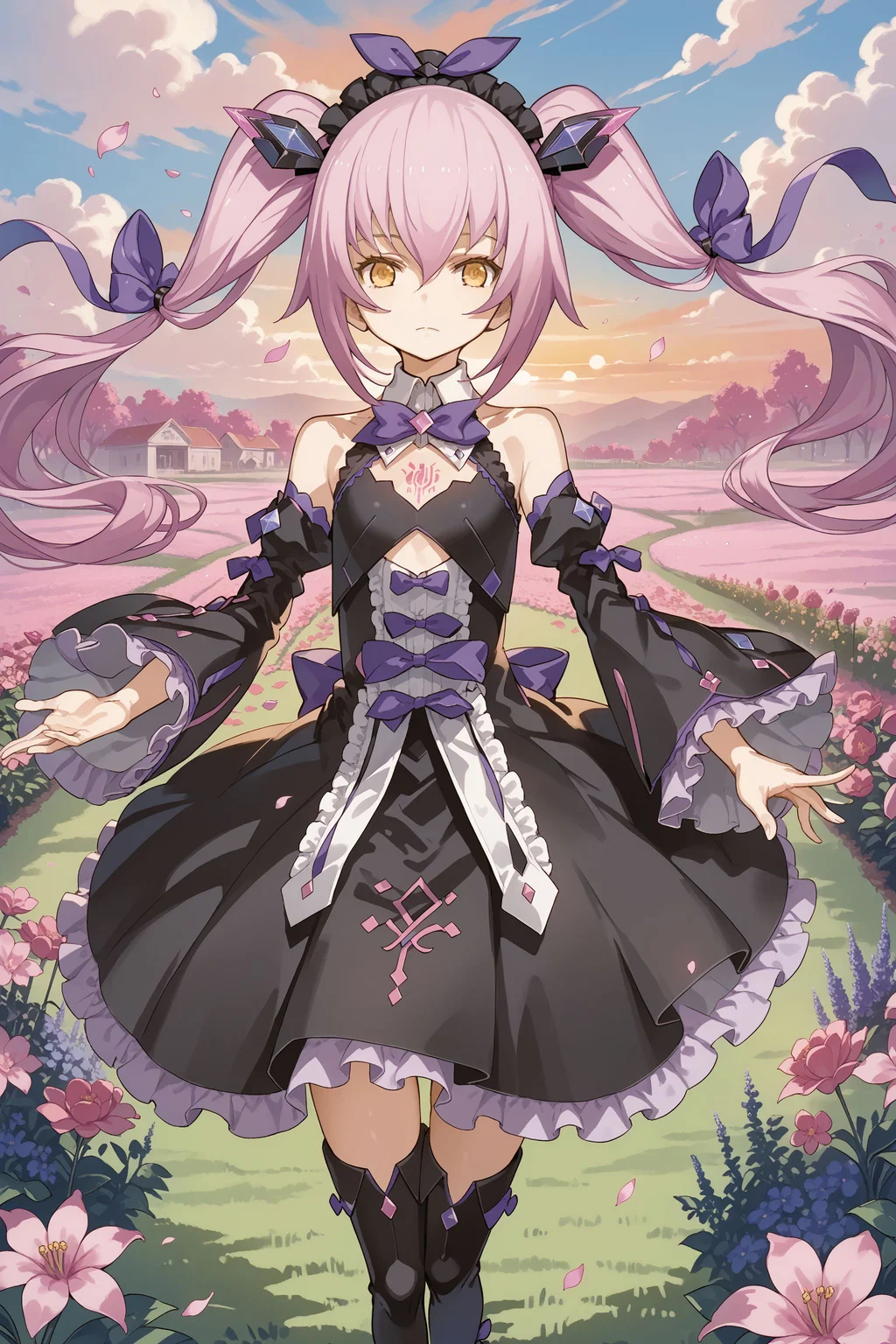 score_max, (score_9, score_8_up, score_7_up:1.0), score_6_up, official art,
, masterpiece, absurdres, high detail, 8k,
garden, flower field, withered flower, petals, wind, orange sky, sunset,
standing, outstretched arms, expressionless, looking at viewer,
ddpsaya, long hair, twintails, headdress, hair ornament, hair bow, collar, bowtie, purple bow, gem, black dress, frills, clothing cutout, bare shoulders, detached sleeves, wide sleeves, thigh boots, heels, tattoo,
<lora:XL_Pony_gomaotsu-saya-t2:1.0>