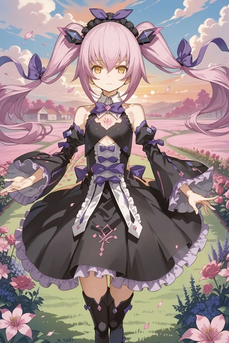 score_max, (score_9, score_8_up, score_7_up:1.0), score_6_up, official art,
, masterpiece, absurdres, high detail, 8k,
garden, flower field, withered flower, petals, wind, orange sky, sunset,
standing, outstretched arms, expressionless, looking at viewer,
ddpsaya, long hair, twintails, headdress, hair ornament, hair bow, collar, bowtie, purple bow, gem, black dress, frills, clothing cutout, bare shoulders, detached sleeves, wide sleeves, thigh boots, heels, tattoo,
<lora:XL_Pony_gomaotsu-saya-t2:1.0>