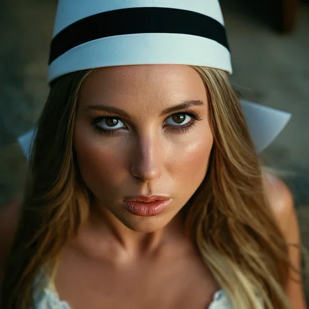 cinematic film still of  <lora:Devon Lee:1> Devon Lee
<lora:eyetune:0.1>
<lora:perfection style:0.1>
<lora:detailed:0.1>
from above, neutral facial expression of a woman with a large nose and a very long hair, movie themed, sharp, detailed skin, epic cinematic photography, artistic, creative, wrinkly face, dramatic lighting style, cinematic color style, Kodak film style, skin pore, emotional style, gustier style, facial expression style, neutral facial style, 1girl, solo, long hair, blonde hair, brown hair, hat, brown eyes, closed mouth, lips, white headwear, portrait, realistic, black eyes, nose, photorealistic
, shallow depth of field, vignette, highly detailed, high budget, bokeh, cinemascope, moody, epic, gorgeous, film grain, grainy