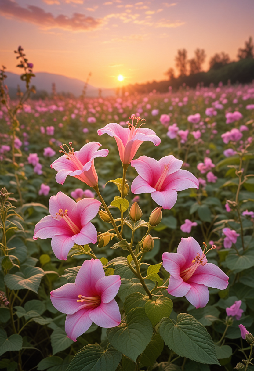 (medium full shot) of (exquisite flower) with pink petals, trumpet shaped flower, marbled, fruity scent, entangled with delicate vines, located in  a lush wildflower field, with abundant blooms, warm light, peaceful atmosphere, dancing butterflies, at dawn, Masterpiece,best quality, photo, realistic, very aesthetic,