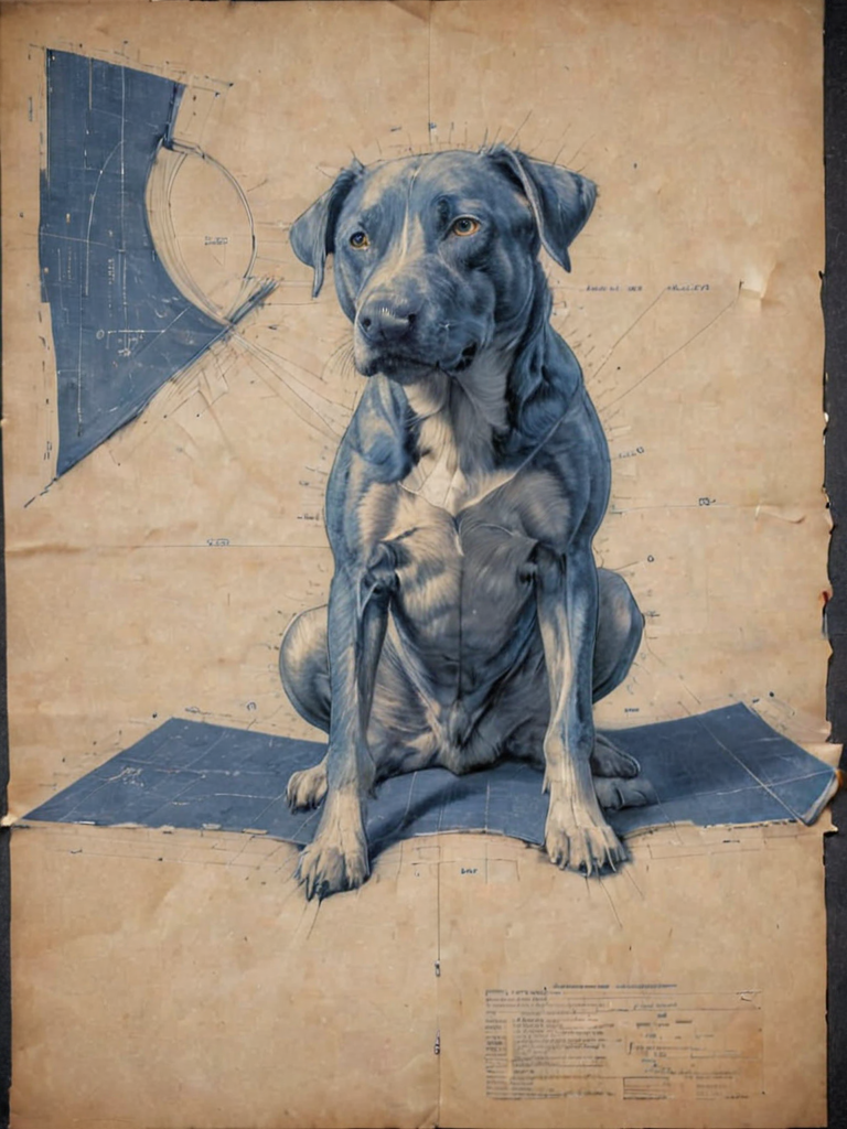 (finetcnl:1.3), fine art lines technical, blueprint of a linework dog made out otclillsn of on old torn paper tilted 454.78 degree upside down, baffling optical illusion, disorienting angle,,  deep blue, highly detailed,   <lora:- SDXL - finetcnl_techn_lines_V1.0:1>   <lora:- SDXL - otclillsn_impossible_geo_V1.0:1>