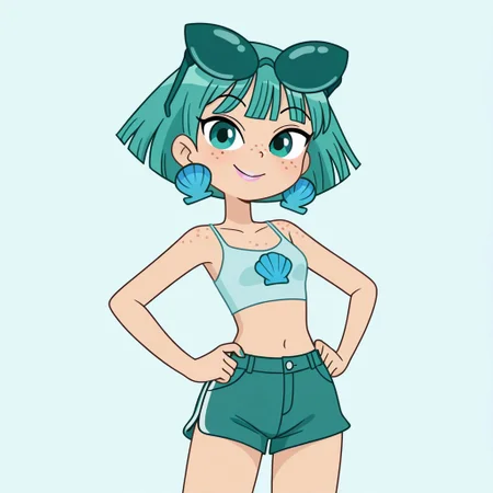 masterpiece, best quality, amazing quality, perfect cute face, on model, accurate art style, cartoon screencap, show accurate, neptunemwatgg, 1girl, solo, freckles, aqua hair, short hair, aqua eyes, light pink lipstick, shell earrings, light blue crop top, aqua shorts, blue toenail polish, open toed shoes, aqua roller skates, aqua sunglasses, sunglasses on head, upper body, cowboy shot, smile, looking at viewer, hands on hips, simple background