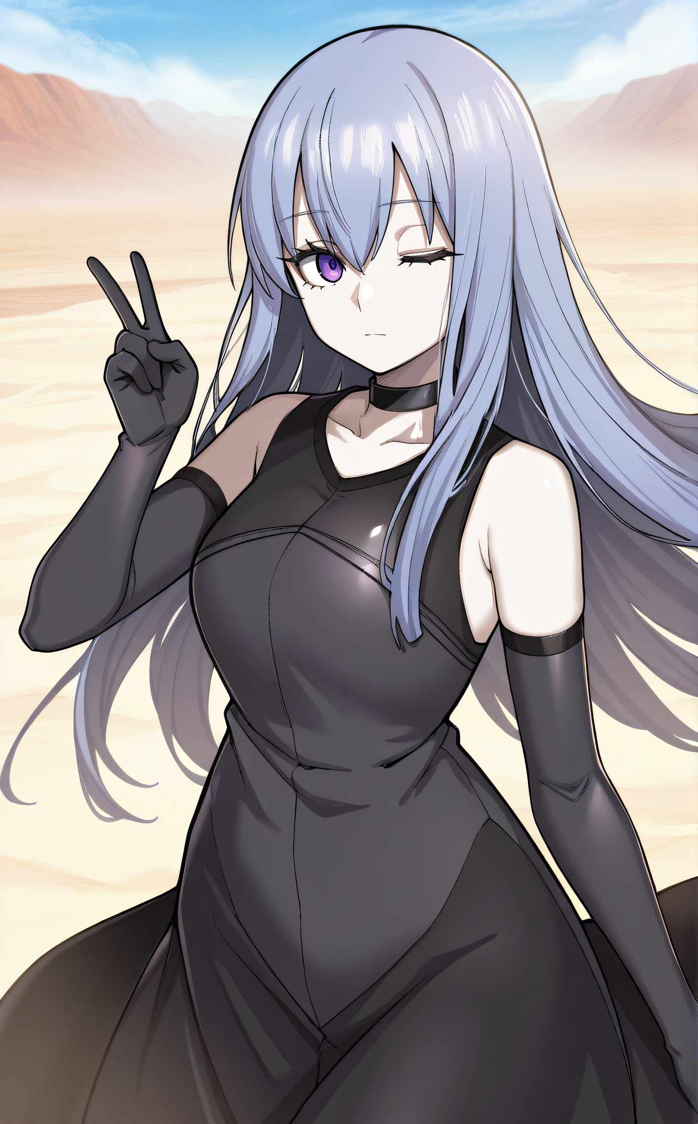 masterpiece, best quality, highres, newest, scenary, 1girl, solo, official style, <lora:Close:1>, liberatorclose, black choker, black sleeveless dress, black elbow gloves, expressionless, looking at viewer, peace sign, hand up, cowboy shot, one eye closed