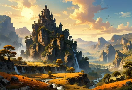 Spires of rock rise through thick cloud with small clumps of trees sat on the top. The spires tower over the scene and have little houses and meadows sitting within cracks in the rock. Waterfalls dot the spire's surface. This vertical landscape is teeming with birds and other wildlife. ((Highest quality:1.0),(High resolution:1.0), (masterpiece:1.0), (ground level view:0.6, viewer looking up:0.6), beautiful and aesthetic:1.3), extreme detailed, colorful, highest detailed,((ultra-detailed)),(highly detailed CG illustration), ((sunset, orange tones, forest, sun,)),,