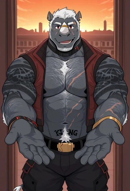 K1NG, rhino boy, white hair, gray body, gold bracelet on nose horn, barcode behind neck, choker, K1NG tattoo, body hair, scar, red vest, pants, belt, furry male, muscular male, white hair, 5 fingers, dynamic pose, 50lly2, inviting hands over viewer, sunset view, metropolis, close up view, masterpiece, best detail, furry male, muscular male, solo,