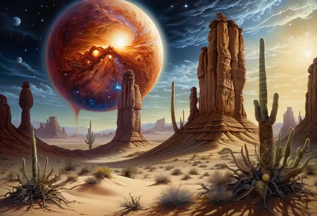 masterpiece, top quality, best quality, highly detailed, realistic photo,
A painting exploring the aridness of the desert and the mystery of cosmic wonders.
Using airbrushing for art, often for smooth gradients,
<lora:RMSDXL_Enhance:0.8>
<lora:Surreal Harmony:1>
<lora:Unsettling_2.0-000002:1>