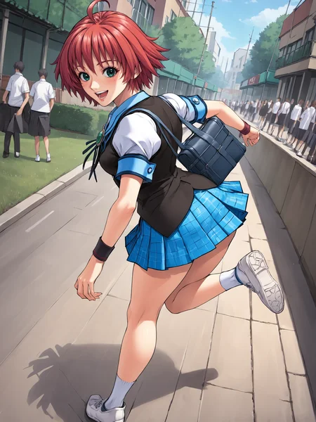 score_9, score_8_up, score_7_up, score_6_up, source_anime, BREAK
school corridor, running, full body, dutch angle, from side, looking back at viewer, open mouth, schoolbag, (crowds:1.5)
<lora:Kurahashi_Yoshimi_Pony_v1:1>, 1girl, solo, smile, short hair, skirt, school uniform, green eyes, ahoge, red hair, vest, blue skirt, plaid, plaid skirt, brooch, wristband, ankle socks, white socks, sneakers, white footwear,
