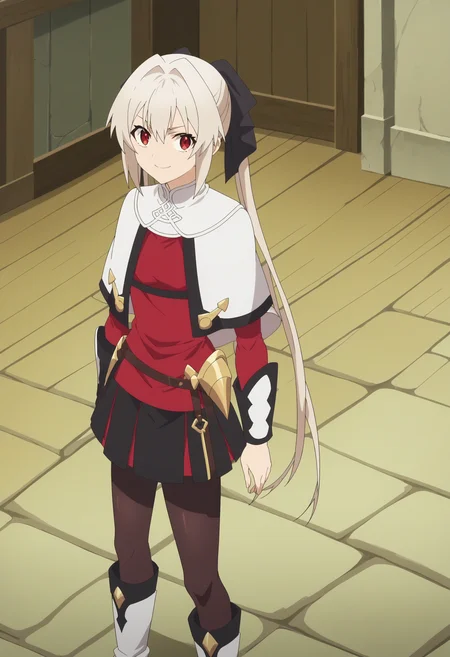 score_9, score_8_up, score_7_up, score_6_up, score_5_up, score_4_up , anime coloring ,BREAK source_anime, anime,screencap,
1girl, solo, lynneburg, bracers, hair ribbon, white boots, skirt, black pantyhose, red shirt, white capelet, belt, <lora:PonyXL Parry Lynne:1>
indoors,
smile, looking at viewer,