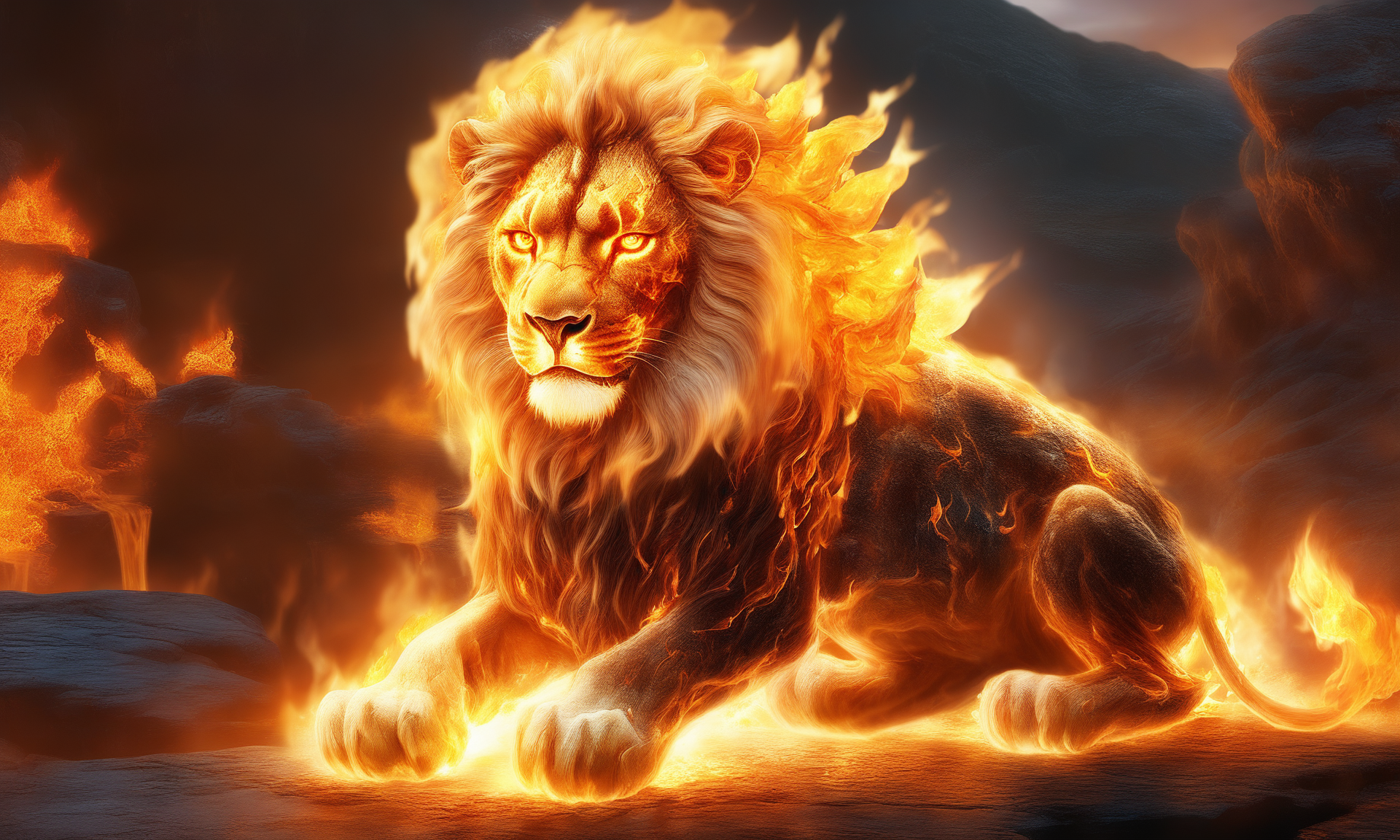 <lora:firecd_xl-000017:0.6>,a transparent fire elemental lion made of (firecd_xl,raging flames:1.2,burning) in hell,fire eyes,fire hairs,fire body,splash fire,no humans,long-focus,tilt-shift,outdoors,on molten rock,full body,chinese zodiac,cutie,cute,still life,front view,facing viewer,looking at viewer,ethereal fantasy concept art,magnificent,epic,majestic,magical, emotional,harmonious,high budget,moody,epic,gorgeous,perfect lighting,realistic,photorealistic,photographic,photo (medium),real,moody lighting,volumetric lighting,reality ray tracing,8K,HDR,UHD,masterpiece,best quality,highly detailed,high resolution,finely detail,extremely detailed,ultra detailed,wallpaper