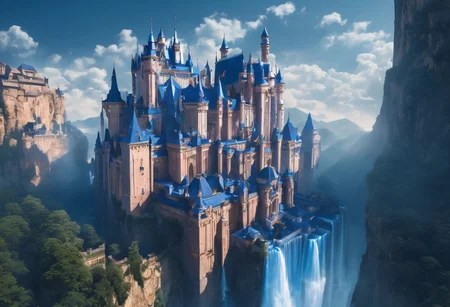 a floating castle in the air, a waterfall flows from the castle to the ground, epic composition, detailed, parts of the castle are made of deep blue crystal, intricate, flying cloud castle, palace floating in the sky, fantasy matte photo, castle in the clouds, high fantasy matte photo, fantasy matte photo, matte fantasy photo, dreamy matte photo, castles floating in mid air, high fantasy castle, fantasy architecture, an immense floating castle