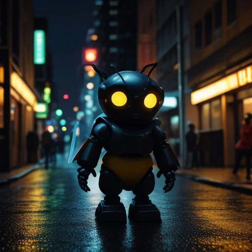 Neon robot bee holding a sign saying: "Needs Buzz to keep buzzing"
Wet streets, evening, futuristic city
