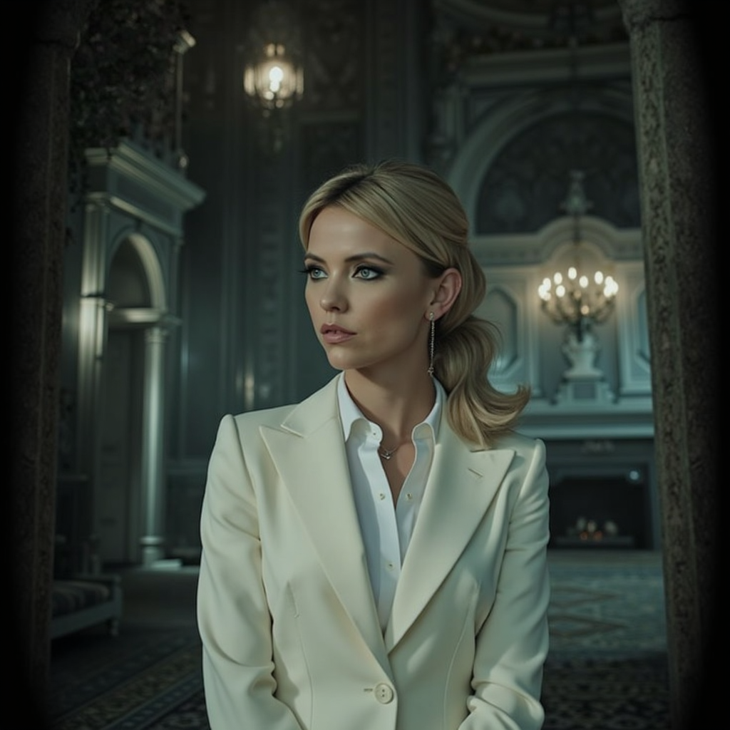 ethereal fantasy concept art of  surrealist art analog photography, analog photo, a stunning woman in a  gothic mansion, she's wearing a white women's suit, white blouse . A candid, close up shot <lora:Riley_Voelkel:1> rileyv . dreamlike, mysterious, provocative, symbolic, intricate, detailed, magnificent, celestial, ethereal, painterly, epic, majestic, magical, fantasy art, cover art, dreamy