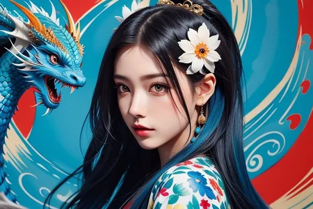 ((masterpiece, best quality)), (fluttered detailed colorful ink splashs:1.05), (illustration:1.1), (expressionless:1.05), hair ornament:1.4, ink painting, ink splashing, color splashing,
beautifully painted, highly detailed, (beautiful detailed happir:1.28), (beautiful detailed face:1.28), (beautiful detailed jacket:1.28), 
(1girl:1.16), (minute details:1.28), drawing, multicolored back graound, colorful, solo, (cowboy shot:1.16), floating hair, bangs, colored inner hair, official art, Wind Theme, splash of ink, , (Chinese blue dragon in ink:1.22), (back Chinese dragon:1.34), (1girl and dragon:1.28), (hyper detailed:1.16), illustration