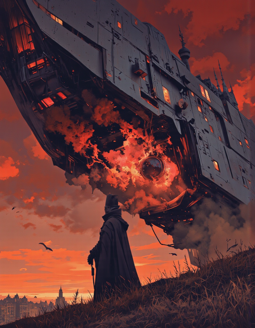 Art par Alexey Egorov. Un tournage dramatique d'illustration numérique d'en bas à propos d'une figure mystérieuse dans un chapeau haut de gamme et Cloak se dresse sur une colline herbeuse, levant les yeux vers un vaisseau spatial métallique imposant avec des flammes rouges éclatantes en arrière-plan. La scène se déroule contre un ciel rouge et ardent, avec un paysage urbain lointain visible au loin. Au milieu de l'image, un 1boy, qui semble être au début de la vingtaine, est debout avec le dos au spectateur, face au spectateur. Il porte un long manteau sombre et un chapeau haut de gamme noir, et tient un personnel dans sa main droite. L'homme est positionné au premier plan, le haut du corps visible au loin, et son visage est masqué par le long manteau. Il a une expression sérieuse sur son visage. Le vaisseau spatial est dominant l'homme, avec son grand corps métallique et ses détails complexes visibles, et il émet une lueur rouge vif de ses flammes. L'arrière-plan présente un ciel orange ardent et rouge avec des bâtiments éloignés de la ville, et quelques oiseaux volant, ajoutant à l'atmosphère inquiétante de la scène.