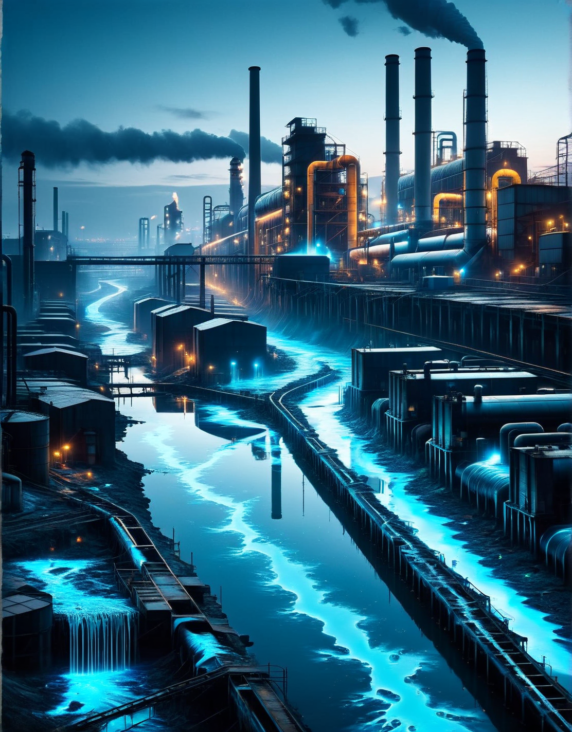 A polluted river flowing through a decaying industrial district, with blue ais-nnsplsh reflections. <lora:ais-nnsplsh-sdxl:1>