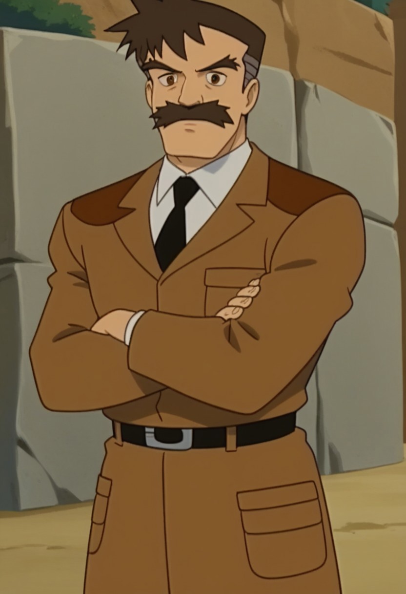 best quality, 1boy, solo, Christopher Barsac, mustache, necktie, brown hair, brown eyes, , Brown jacket, white shirt, cross arms