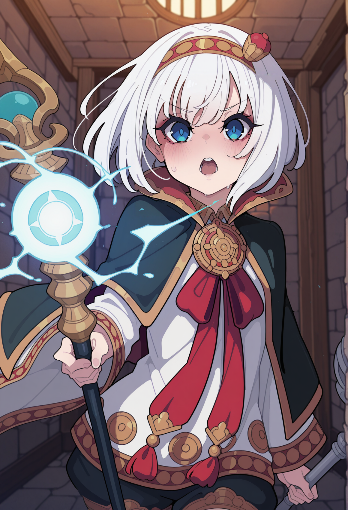 kakure eria, anime coloring, 1girl, white hair, blue eyes, hairband, hair ornament, jewelry, medallion, chest ribbon, long sleeves, wide sleeves, collared cape, shorts,  wind, casting spell, holy magic, holding staff, open mouth, indoors, dungeon, serious, looking at viewer,  <lora:manaril_tierkreis:1>, masterpiece, best quality, amazing quality, very aesthetic, absurdres, highres, newest