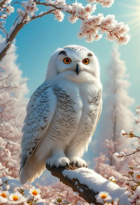 fantasy. art. snowy owl. gigantic tree at the edge of the picture. Snowy owl sits on the branch of the tree. spring. sun in background. meadow in the background. flowers. vivid colors, vivid background. petal
perfection style, Cute Animals page, midjourneyv6.1, outdoors, nature, petals, sun in background,