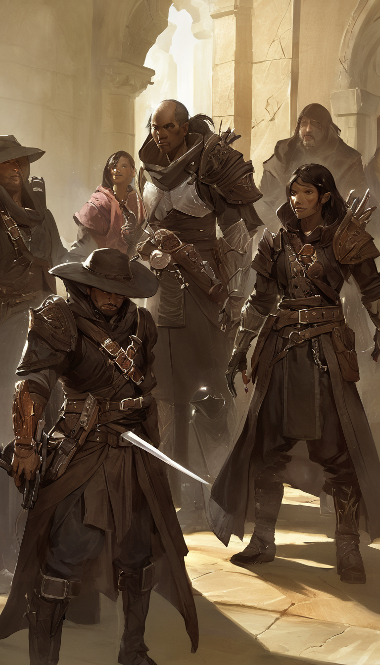 Cinematic scene, a band of thieves infiltrate a secretive organization of mages, determined to uncover their secrets and expose them to the world, masterpiece, best quality, high quality, highres, absurdres, vivid, Guild Wars 2 <lora:guild_wars_xl_v4:1>