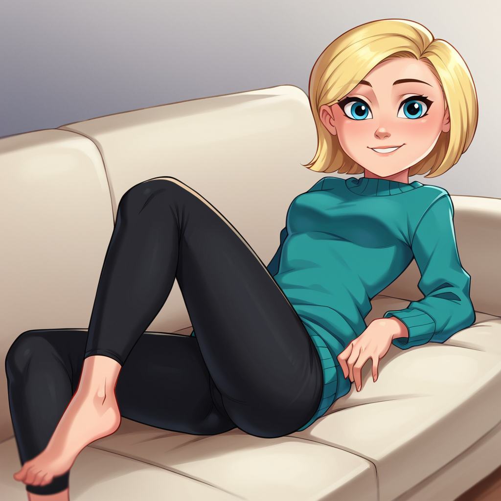 score_9_up, BREAK, 1girl, solo, PATTYPETERSON, blonde hair, short hair, blue eyes, sweater, leggings, capri pants, capri pants, lying  on couch, looking at viewer, light smile,  <lora:PattyPeterson_PXL_Leaf1:0.8>, depth of field,