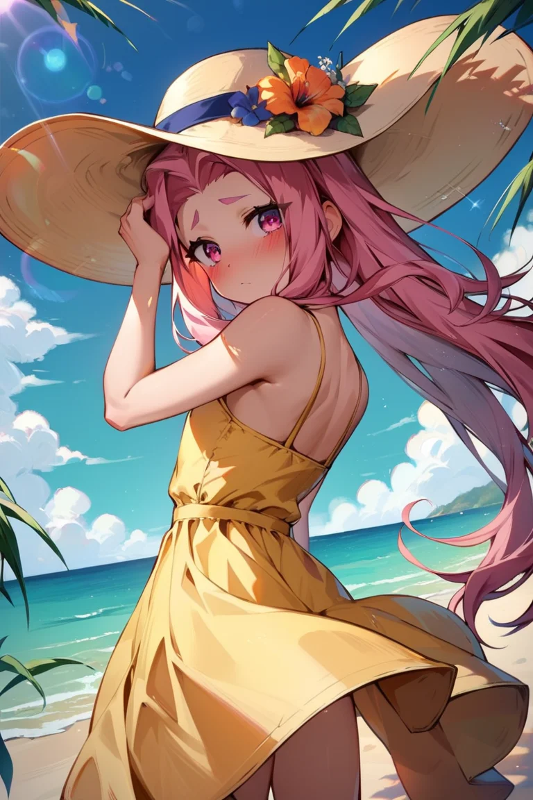 score_9, score_8_up, score_7_up, very aesthetic, source_anime, detailed, high quality, beautiful, masterpiece, detailed eyes,
<lora:lightXL:0.8>
beach, ocean, palms, light beams,
<lora:action-sdxl-V0.5:1>zdyna_pose
dynamic angle, upperbody,
embarassed, blush, adjusting hat, looking at viewer, from behind, looking back,
<lora:arietta_autismConfetti_v01:0.99>flat chest,
1girl, arietta \(tales\), pink hair, pink eyes, very long hair, parted hair, small eyebrows,
yellow sundress, sun hat, bare shoulders,, zPDXL