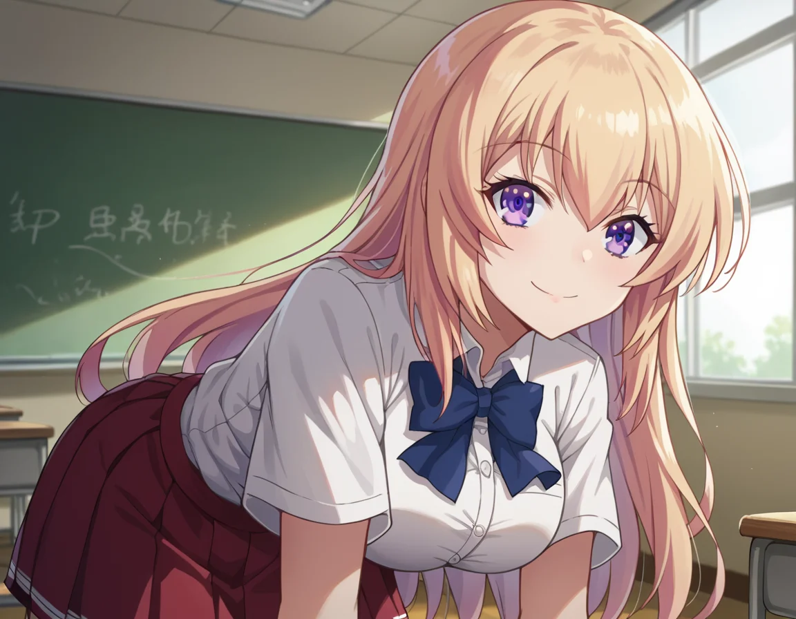 score_9, score_8_up, score_7_up, source_anime,
honamiichinose, <lora:honami-ichinose-s2-ponyxl-lora-nochekaiser:1>
honami ichinose, long hair, blonde hair, purple eyes, hair between eyes,
skirt, bow, school uniform, pleated skirt, bowtie, blue bow, red skirt, collared shirt, white shirt, short sleeves,
indoors, classroom, bent over, smile,
looking at viewer, dutch angle, cowboy shot