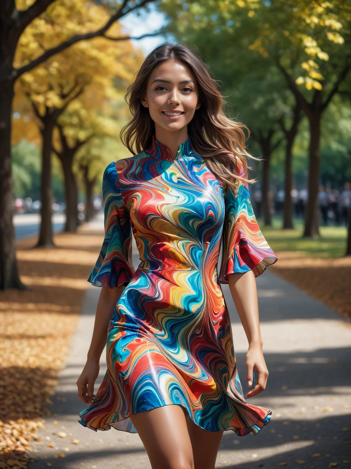 woman wearing a colorful mad-marbled-paper dress walking thorugh park, dynamic_pose, from side, light smile, cinematic shot <lora:Colorful_Marbled_Paper_SDXL_v2:0.6>, masterpiece, best quality, ultra high res, (photorealistic, realistic:1.2), deep shadow, raw photo, film grain, Fujifilm XT3, 8k uhd, dslr