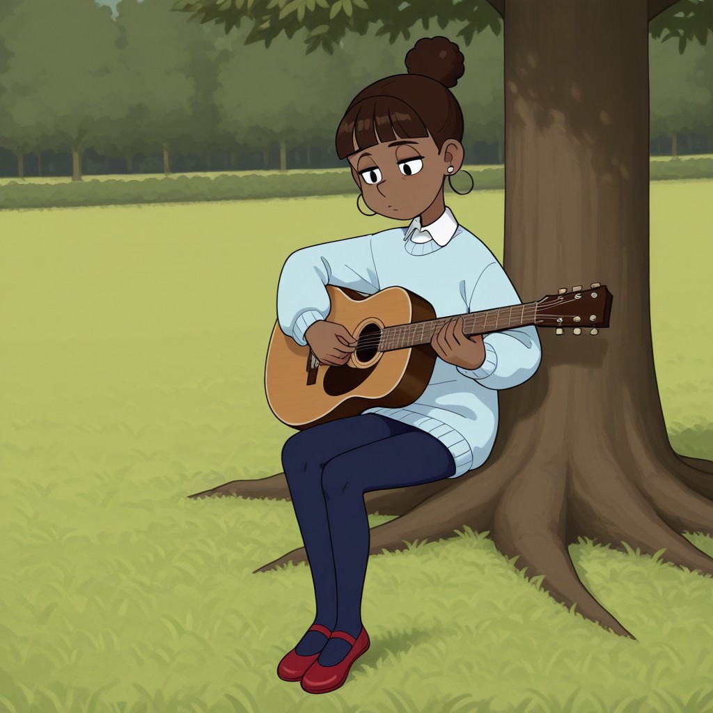 Marsha, 1girl, solo, Dark skin, dark brown hair in a high bun, straight bangs, small round earrings, light blue sweater with a white collar, dark blue leggings, red ballerina shoes
Masha playing acoustic guitar. Sitting in a field under a tree.
