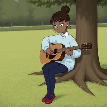 Marsha, 1girl, solo, Dark skin, dark brown hair in a high bun, straight bangs, small round earrings, light blue sweater with a white collar, dark blue leggings, red ballerina shoes
Masha playing acoustic guitar. Sitting in a field under a tree.