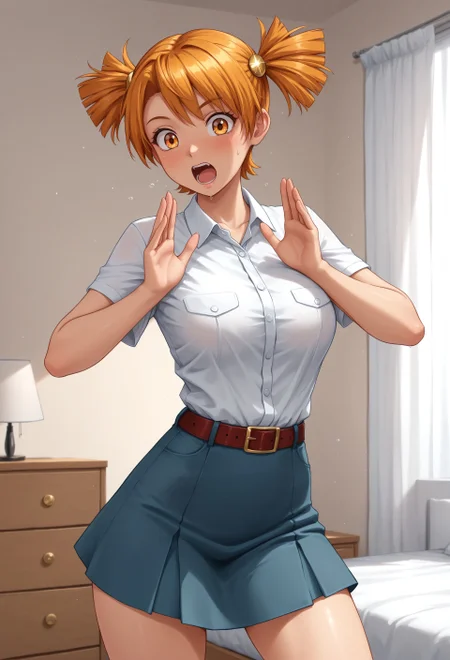 masterpiece, amazing quality, highest quality, dynamic pose, smooth shading, glistening skin, amazing lighitng, dynamic pose, ultra detailed, detailed face, ultra sharp, sharp outline, sketch,

AliceES, 1girl, solo, orange hair, round golden hair ornament, orange eyes, short twintails, white shirt, blue skirt, belt, face focus, upper body,

schocked,

looking at viewer, indoor, bedroom, dof