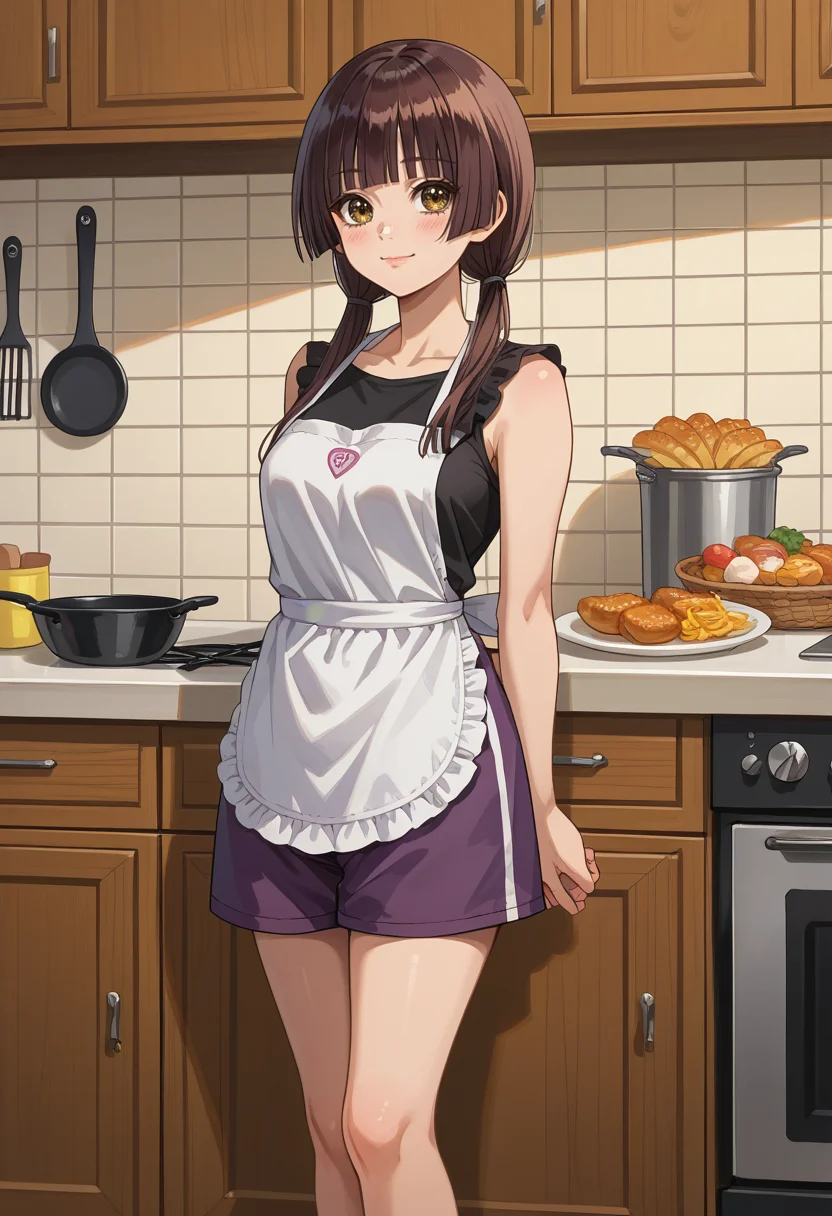 score_9, score_8_up, source_anime, 1girl, solo, HarumiTaniguchi, yellow eyes, brown hair, long hair, low twintails, blunt bangs, blunt ends, apron, white apron, long apron, black tank top, purple shorts, dolphin shorts, indoors, kitchen, smile, pan, food, <lora:ChamHarumiTaniguchiPonyXL:1>