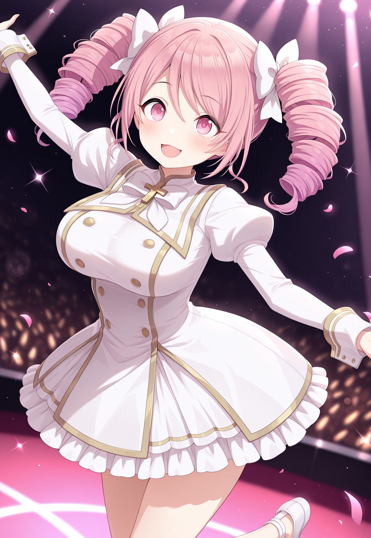 masterpiece,extremely detailed,best quality,amazing quality,newest,absurdres,highres, super detailed skin,1 girl solo,dkpino, pink hair, twin drills, short hair, pink eyes, hair bow, white bow, large breasts, white dress, gold trim, juliet sleeves, wrist cuffs, frilled dress, white bowtie, white shoes,cute, adorable, dancing , (a-pose:1.2),shanimas