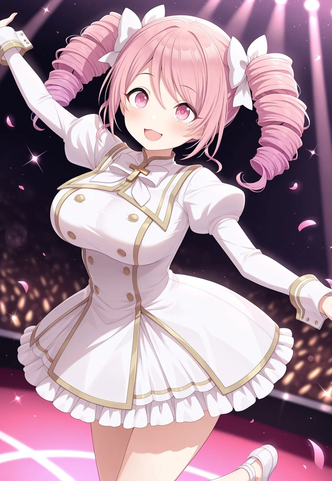 masterpiece,extremely detailed,best quality,amazing quality,newest,absurdres,highres, super detailed skin,1 girl solo,dkpino, pink hair, twin drills, short hair, pink eyes, hair bow, white bow, large breasts, white dress, gold trim, juliet sleeves, wrist cuffs, frilled dress, white bowtie, white shoes,cute, adorable, dancing , (a-pose:1.2),shanimas