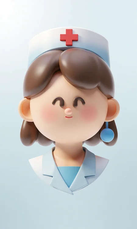 A 3D illustration of a nurse's head icon with a light background