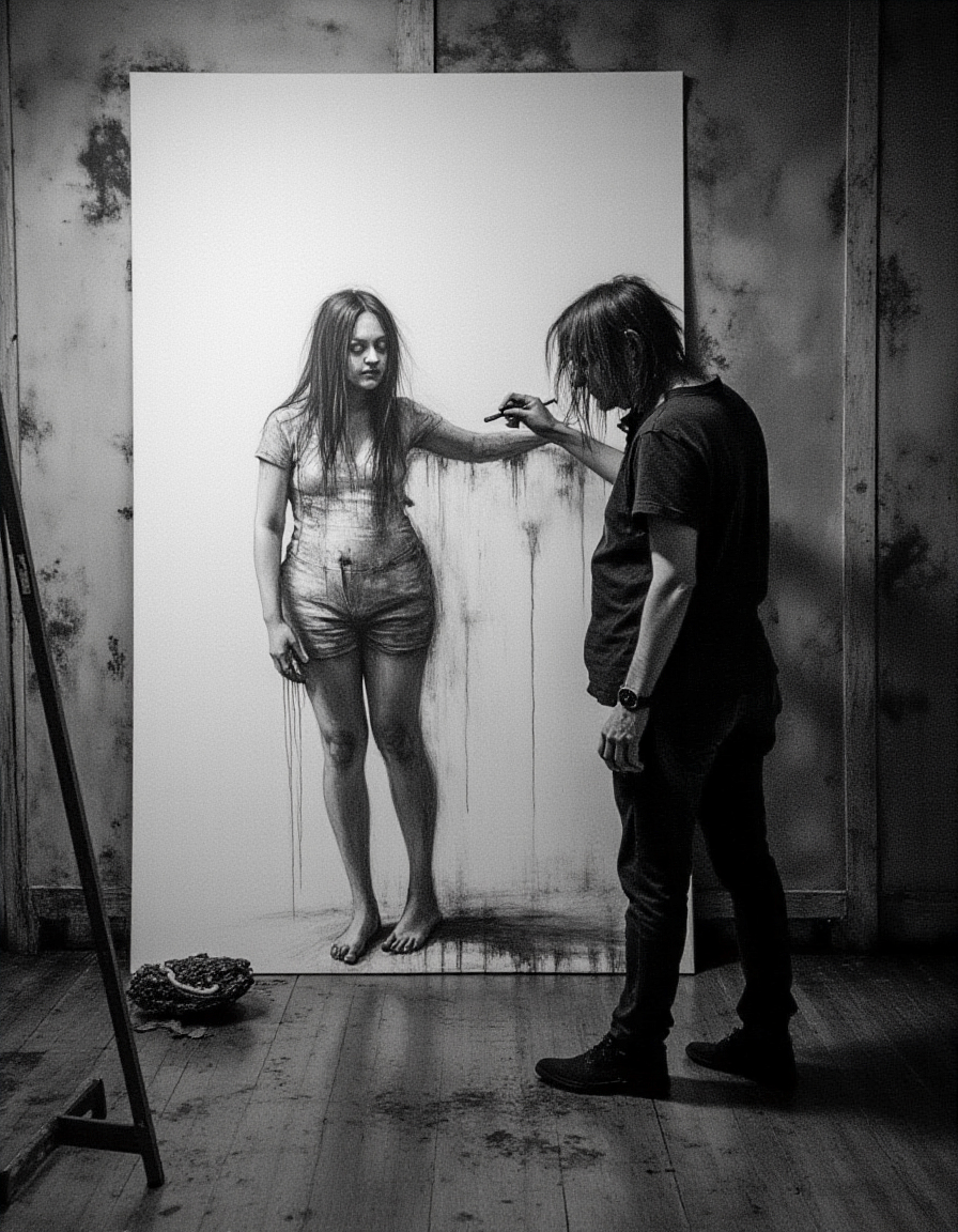 Tambam is a mature woman, skin bare wearing worn jean overalls is creating a life-size nude sketch of herself on the wall. The sketch is in charcoal greyscale, depicting her long messy hair, detailed arms and legs, belly and a void facial expression. She is intensely focused, holding a piece of charcoal, mirroring the pose of her drawing. The room is rich in detail, with scattered art supplies, smudged charcoal marks on the floor, dim lighting casting dramatic shadows, and a rustic wooden floor. A sense of artistic obsession and introspection fills the space, blending the boundaries between the artist and her creation.
<lora:Dark_Art-v1.14:1> Dark Art, real,(realistic),photo realistic, photography,highly detailed,(masterpiece),(high quality),best quality,super detailed,full detail,4k,8k,realistic lighting, norender, no anime