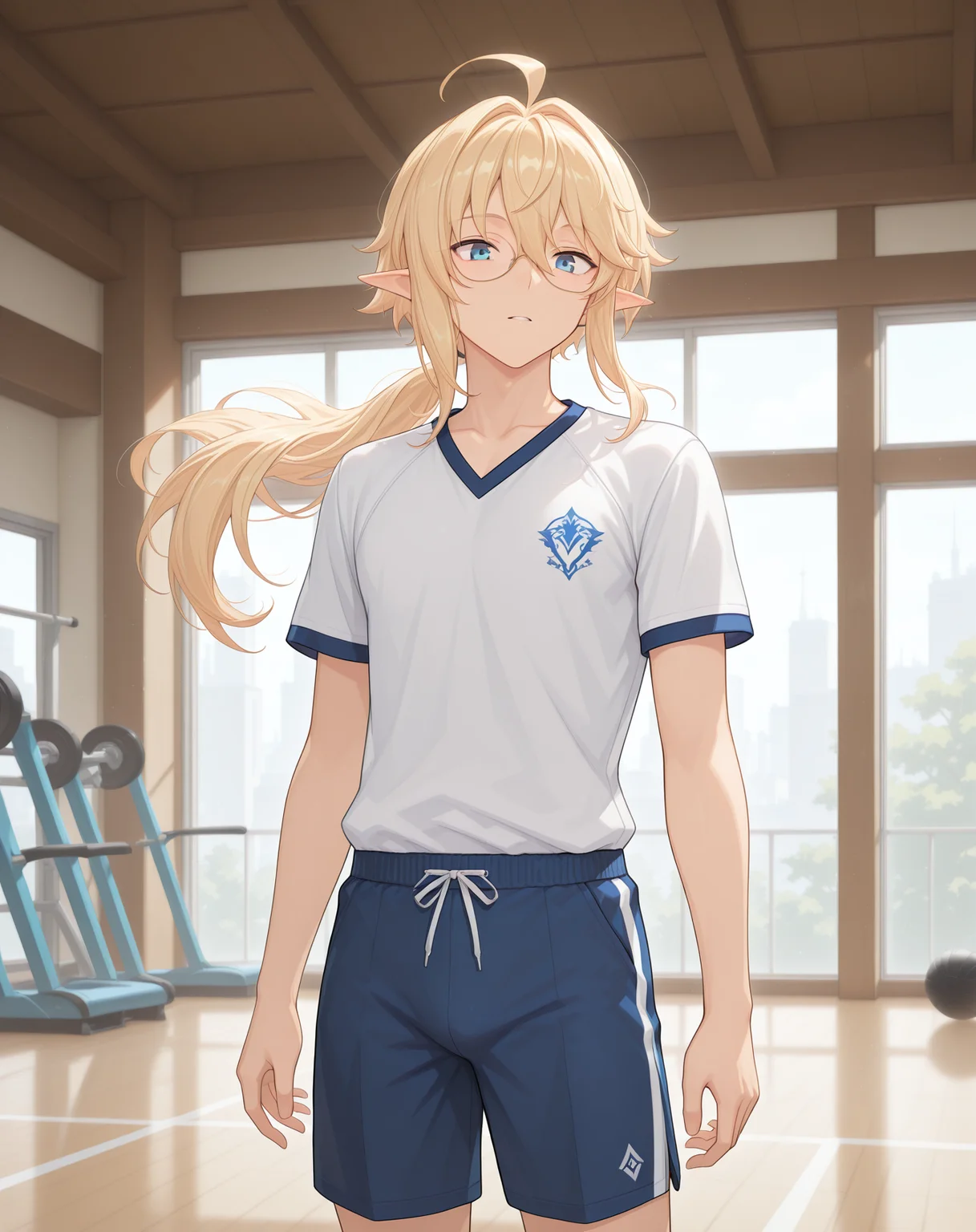 masterpiece,best quality,amazing quality, newest, very aesthetic, absurdres,
1boy, solo, yaoi, male focus, looking at viewer, cowboy shot, standing,
<lora:Grandiel_Likability_ilxl:1> likabilitygrandiel, pointy ears, blonde hair, blue eyes, long hair, glasses, hair between eyes, ahoge, low ponytail, floating hair, elf, sidelocks,
gym uniform, gym shorts, gym shirt,
indoors, gym,