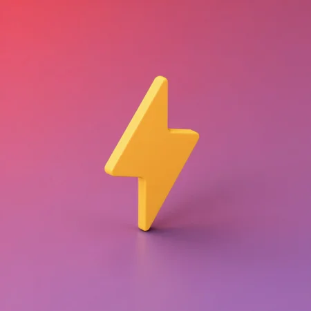 3D Object view of yellow bolt icon SuchBuzzLogo in VibrantTech3D style, isometric
red and blue gradient background