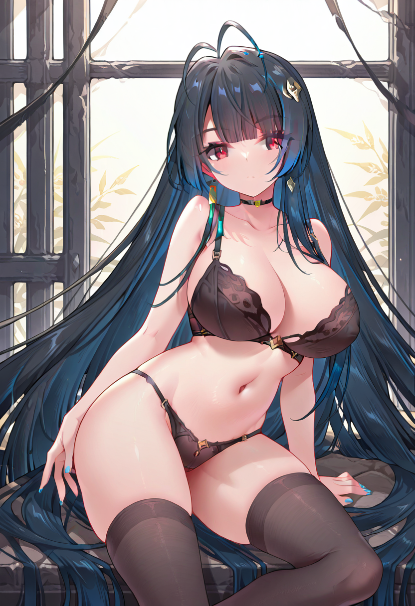<lora:Liu_Feixue_V2-20:1>, Liu Feixue, 1girl, solo, very long hair, black hair, multicolored hair, blue hair, ahoge, antenna hair, bangs, blunt bangs, streaked hair, hair ornament, single earring, red eyes, large breast, blue nails, black choker, black bra, black panties, black thighhighs, <lora:hand 5.5:1>