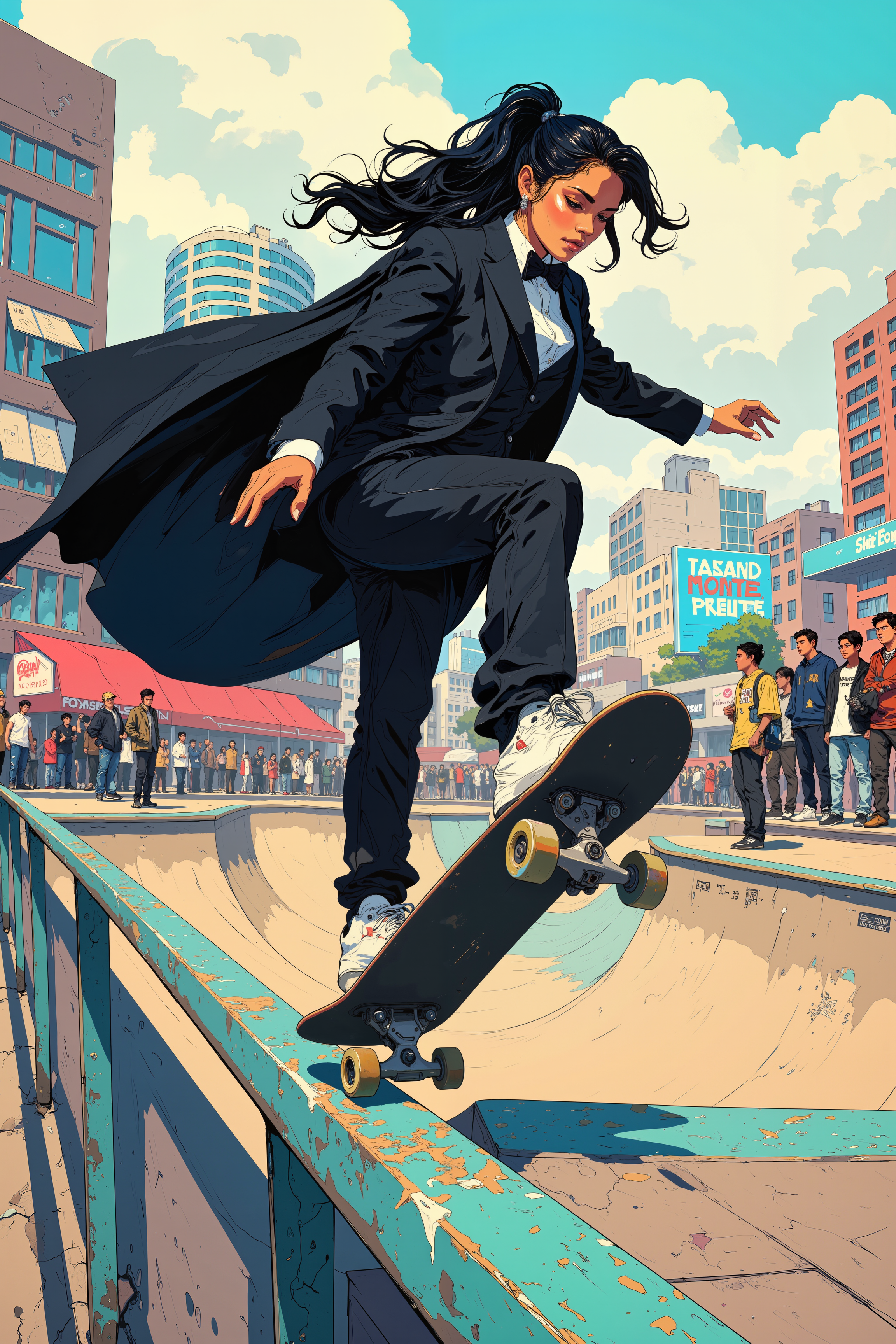 A Latina woman with long, wavy black hair tied in a high ponytail grinds down a long handrail on a sleek black skateboard, her black tuxedo immaculate despite the chaotic urban skate park surrounding her. Her expression remains perfectly composed, while executing a gravity-defying trick. The moment is frozen mid-action, her cape flaring out behind her as stunned onlookers in casual streetwear watch in awe. DB4RZ, DB4RZ style painting, NeoPigma, in the style of cksc, anime, cyberpunk, a masterpiece, award winning,<lora:CPA:0.5><lora:FLUX-daubrez-DB4RZ:0.3><lora:NeoPigmaV3:0.35><lora:ck-shadow-circuit-000021:0.35>