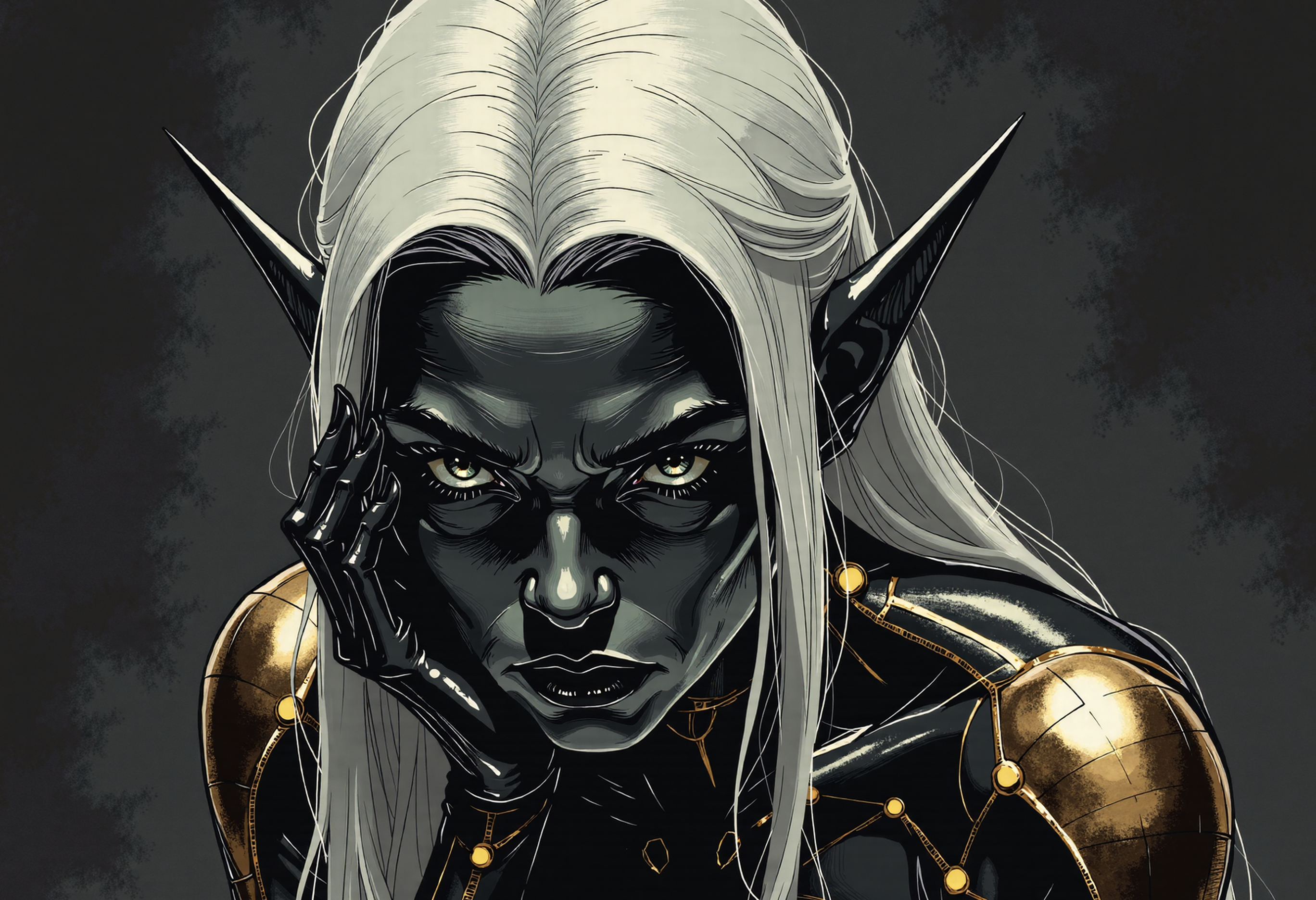 d4rkc0mic, A dark elf female with elegant close-fitting pointed ears, carbon fibre and matte darkcoal skin, striking silver eyes, and long flowing white hair. 

She wears a form-fitting black bodysuit adorned with intricate bronze circuit-like patterns and glowing orbs embedded at key points. 

She sits in a thoughtful pose with one hand with long pointed fingernails supporting her face. Set against a minimalist dark background with subtle shadowy elements. 

Fantasy concept art, highly detailed digital painting, matte painting, dark and cool tones, dramatic lighting highlighting the bronze elements against her dark sculpture form, elegant and mystical atmosphere, dark fantasy aesthetics