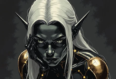 d4rkc0mic, A dark elf female with elegant close-fitting pointed ears, carbon fibre and matte darkcoal skin, striking silver eyes, and long flowing white hair.
She wears a form-fitting black bodysuit adorned with intricate bronze circuit-like patterns and glowing orbs embedded at key points.
She sits in a thoughtful pose with one hand with long pointed fingernails supporting her face. Set against a minimalist dark background with subtle shadowy elements.
Fantasy concept art, highly detailed digital painting, matte painting, dark and cool tones, dramatic lighting highlighting the bronze elements against her dark sculpture form, elegant and mystical atmosphere, dark fantasy aesthetics