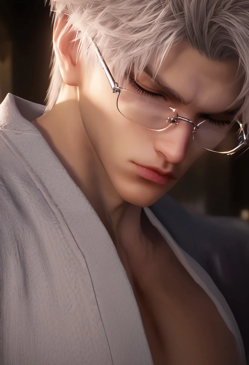 1boy, solo, male focus, toned male, Sylus_(Love_and_Deepspace), Sylus, Qinche, White hair, Red eyes, pale skin, detailed eyes, satisfaction, satisfied, neutral,
glasses, closed eyes, casual clothes, sleeping, deep sleep, in bed, handsome, golden hour, beautiful light, light flare,
leg spread, view from bottom, intense shadow, intimidating, chest close to viewer, dark light, no light, shadow,
looking at viewer, serious,
rating PG, score_9,score_8_up,score_7_up, source_anime,
male focus, Muscular,
big thigh, big thigh, big chest, hung, manly, tall, detailed eyebrow, sharp eyebrows, focus on thigh, hairy thigh, thigh focus, random view