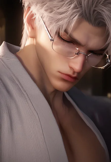 1boy, solo, male focus, toned male, Sylus_(Love_and_Deepspace), Sylus, Qinche, White hair, Red eyes, pale skin, detailed eyes, satisfaction, satisfied, neutral, 
glasses, closed eyes, casual clothes, sleeping, deep sleep, in bed, handsome, golden hour, beautiful light, light flare, 
leg spread, view from bottom, intense shadow, intimidating, chest close to viewer, dark light, no light, shadow, 
looking at viewer, serious,
rating PG, score_9,score_8_up,score_7_up, source_anime, 
male focus, Muscular,
big thigh, big thigh, big chest, hung, manly, tall, detailed eyebrow, sharp eyebrows, focus on thigh, hairy thigh, thigh focus, random view