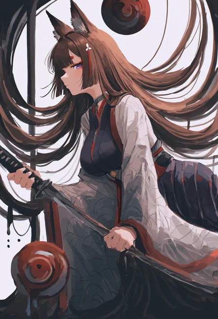 masterpiece, best quality, newest, absurdres, highres, very awa, no lineart, abstract, sketch, surreal, liquid, ambient occlusion, white background, profile, amagi \(azur lane\), 1girl, animal ears, breasts, solo, long hair, japanese clothes, kimono, brown hair, white background, simple background, fox ears, purple eyes, large breasts, looking at viewer, wide sleeves, black kimono, very long hair, sketch, long sleeves, white kimono, weapon, hair ornament, closed mouth, animal ear fluff, holding