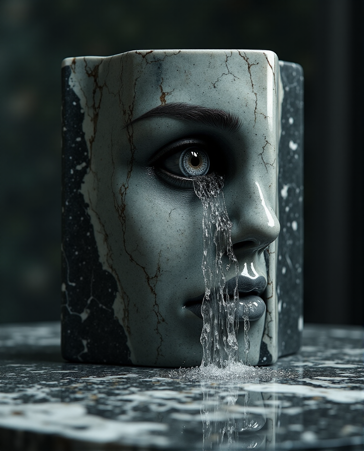 cinematic photo a block of stone, 
into the surface of  left half of the block has been carved a realistic beautiful woman's face, 
from the  eye pours a waterfall to the marble table below
the stone is covered in tiny cracks, the eye is a real photorealistic eye
 <lora:Flux-Marble:1> nero marquina marble . 35mm photograph, film, bokeh, professional, 4k, highly detailed