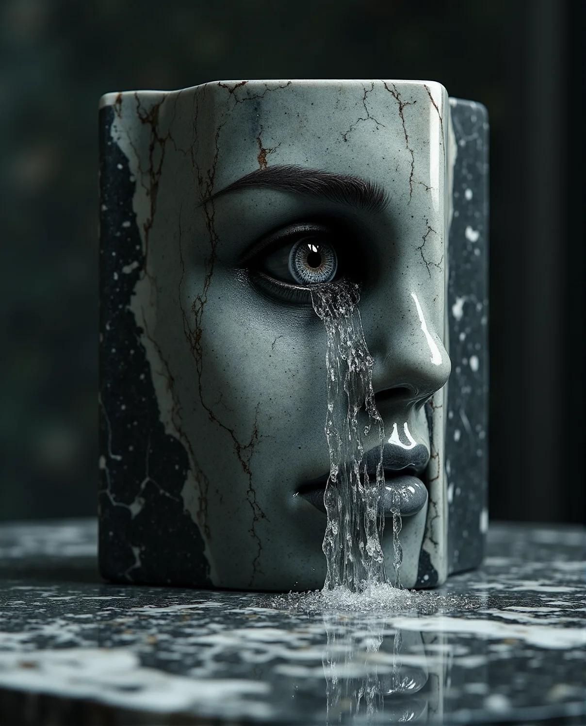 cinematic photo a block of stone,
into the surface of left half of the block has been carved a realistic beautiful woman's face,
from the eye pours a waterfall to the marble table below
the stone is covered in tiny cracks, the eye is a real photorealistic eye
<lora:Flux-Marble:1> nero marquina marble . 35mm photograph, film, bokeh, professional, 4k, highly detailed