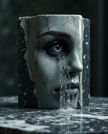 cinematic photo a block of stone,
into the surface of left half of the block has been carved a realistic beautiful woman's face,
from the eye pours a waterfall to the marble table below
the stone is covered in tiny cracks, the eye is a real photorealistic eye
<lora:Flux-Marble:1> nero marquina marble . 35mm photograph, film, bokeh, professional, 4k, highly detailed
