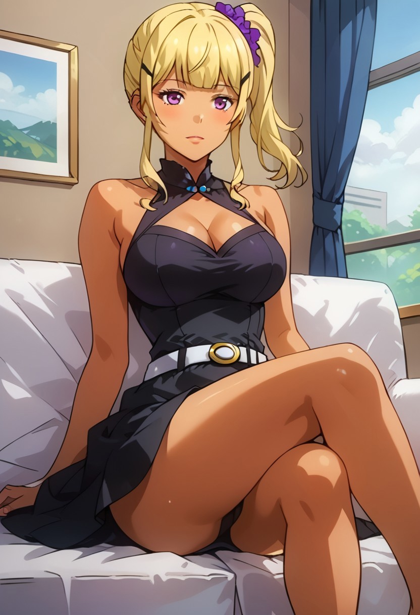 SCORE_9, SCORE_8_UP, SOURCE_ANIME, Expressiveh, HANA AMAKAWA, SKIN TAN, BLONDE HAIR, PURPLE EYES, LEFT EYE MOLE, BLACK FRILL TOP, WHITE BELT, BLACK DRESS SKIRT, UPSKIRT, BREAK, LIVING ROOM, ON COUCH