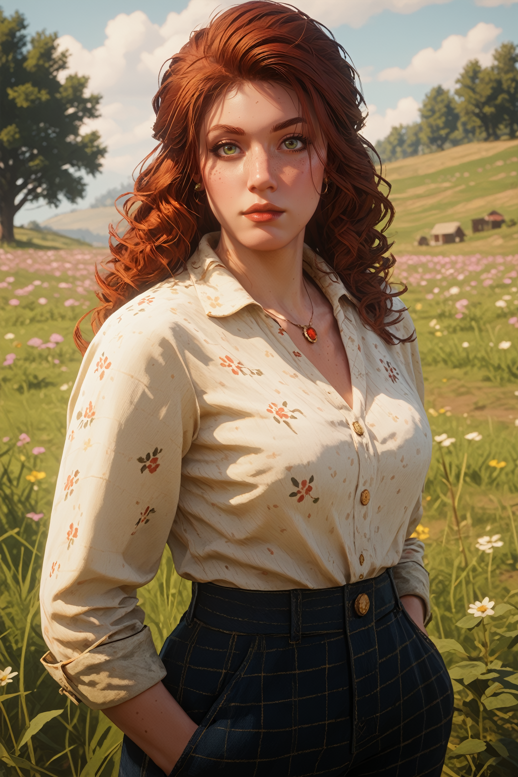 score_9, score_8_up, score_7_up,
<lora:RDR2Molly:0.8>
RDR2Molly, 1girl, red hair, green eyes, long hair, freckles, looking at viewer, standing in a field of lavender, hands in pockets, slight breeze blowing hair, warm golden hour sunlight, serene and peaceful mood